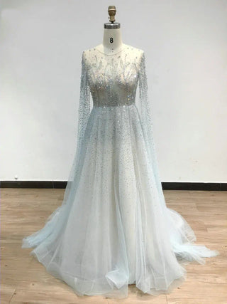 Ships in 1 to 3 Days - 2023 Light Blue Luxury Evening Dress - Illusion Crew Neck Cape Sleeves A-Line Tulle Gown with Beaded Details for Women’s Parties