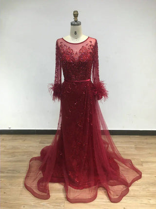 Ships in 1 to 3 Days - 2024 Muslim Luxurious A-Line Evening Gown - Beaded Feather Dress with Crew Neck and Long Sleeves for Weddings and Parties