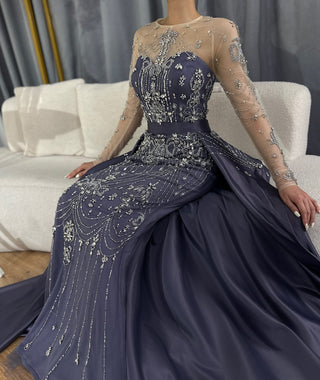 2024 Elegant Blue Saudi Arabic Evening Gown - Crystal Beaded Dress with Overskirt for Formal Occasions