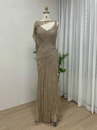 Ships in 1 to 3 Days - Luxury Silver Mermaid Dubai Evening Dress with Cape: Heavy Beaded Detail, Slit Prom Dresses for Women at Wedding Parties