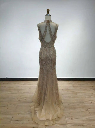 Ships in 1 to 3 Days - Dubai Champagne Pearls Diamond Formal Gown: Sleeveless Evening Dress Design for 2024