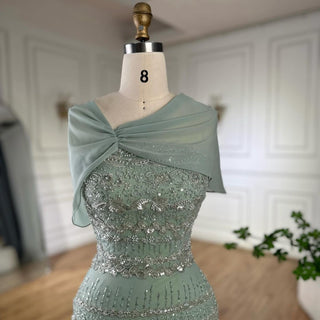 Sage Green Beaded Mermaid Evening Gown with Long Back Cape