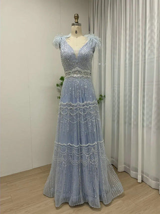 Ships in 1 to 3 Days - Dubai Sexy V-Neck Beaded Feathers Evening Gown - Luxury A-Line Wedding Party Dress for Women