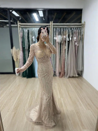 Champagne Mermaid Evening Dress - Luxury Beaded Tulle Ball Gown with Long Sleeves for Women’s Wedding Parties