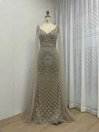 Nude Stunning Cape Sleeves Evening Ball Gown - Luxury Beaded Mermaid V-Neck Dress for Wedding Guests in Dubai