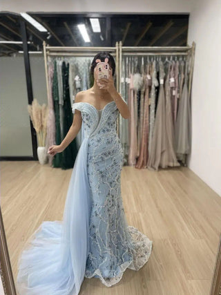 Ships in 1 to 3 Days -  2024 Blue Mermaid Evening Gown - Luxury Beaded Wedding Guest Dress with Side Train and Off-Shoulder Design for Women’s Parties