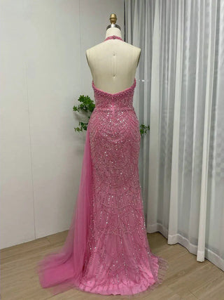 Exclusive Fuchsia Mermaid Evening Dress - High Split Halter Sweetheart Neck Gown for Arabic Weddings and Special Events