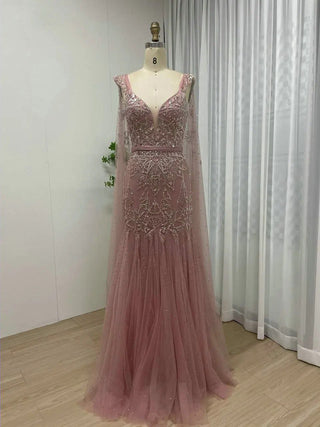 Ships in 1 to 3 Days - Exclusive Pink Arabic Evening Gown - Gorgeous V-Neck Mermaid Dress with Cape Sleeves and Beading for Wedding Parties