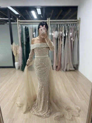 2024 Champagne Mermaid Off-Shoulder Birthday Party Dress - Stunning Custom Rhinestone Tulle Ball Gown for Girls