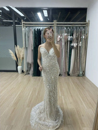 Gorgeous White Strapless Evening Dress - Pleated Rhinestones Mermaid Princess Gown for Women’s Wedding Parties in Dubai