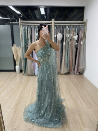 Ships in 1 to 3 Days - Dubai Green A-Line One-Shoulder Cape Sleeves Beaded Luxury Evening Dress - Gown for Women's Wedding Party