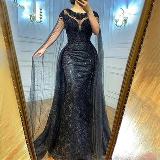 Ships in 1 to 3 Days - Arabic Black Luxury 2024 Lace Beaded Cape Sleeves Mermaid Evening Gown: Elegant Attire for Women's Wedding Party