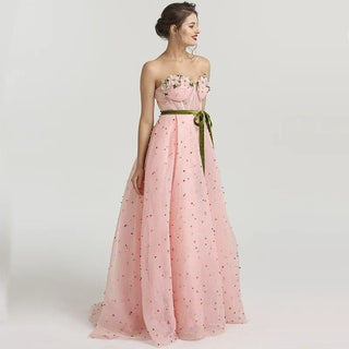 Pink Beaded Pearls Evening Gown 2024 - Long Formal Party Prom Dress with Sashes