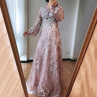 Muslim Pink Luxury Evening Gown - 2024 Lantern Sleeves with Flowers and Crystal Embellishments