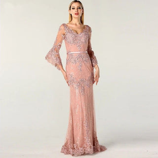 Pink Lace Diamond Evening Gown 2024 - Long Sleeve V-Neck Sexy Dress for Women