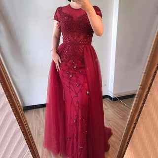 Dubai Crystal Short Sleeve Mermaid Evening Dress - 2024 Luxury Sexy Formal Gown