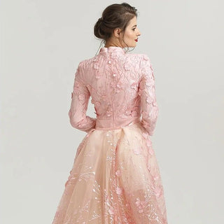 Muslim Romantic Pink Long Sleeves Evening Dress 2024 - High Neck Handmade Flowers Evening Gown