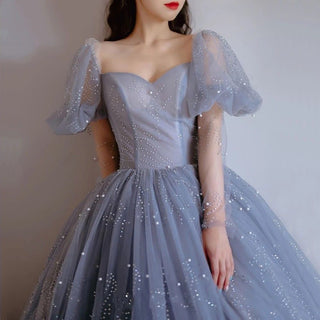 Ships in 1 to 3 Days - Blue Beading Pearls Evening Dress 2024: Long Puff Sleeves Sexy Women Formal Party Wear Ball Gown