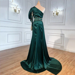 Green Luxury Beaded Satin Evening Gown - 2024 Sexy One Shoulder Mermaid Dress for Women's Formal Party