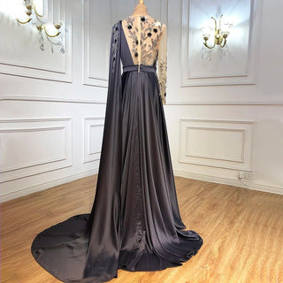 Dubai Blue O-Neck Beading Sexy Evening Dress Design 2024: A-Line Satin Long Sleeves Formal Dress