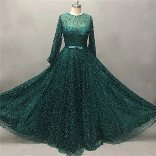 Dubai Green Pearls Long Sleeve Evening Dress - 2024 Tulle Luxury Beach Gown