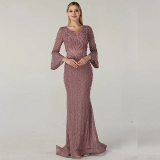 Muslim Pink Mermaid Luxury Lace Beaded Pearls Evening Dress Formal Party Gown 2024