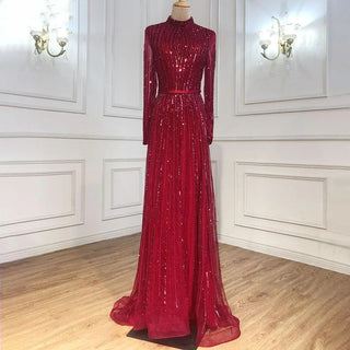 Chic Wine Red Muslim Luxury A-Line Evening Dress - 2024 Sparkle Beaded Gown for Women's Party