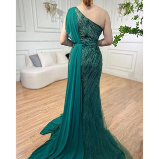 Dubai Green One Shoulder Luxury Evening Dresses 2024 - Mermaid Silhouette with Beaded Sequins Sparkle