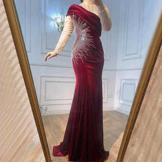 Ships in 1 to 3 Days - Muslim Wine Red Velvet Luxury Evening Gown 2024 - Elegant Mermaid Style with Beading for Women's Party