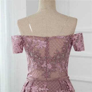 Pink Mermaid Elegant Evening Dress 2024 - Short Sleeve Flowers, Dubai Sexy Off-Shoulder Lace Crystal Gown