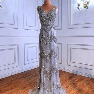 Ships in 1 to 3 Days - Nude Silver Mermaid V-Neck Sexy Evening Dress 2024 - Sleeveless Feathers Shawl Yarn Diamond Formal Gown