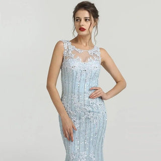 Ships in 1 to 3 Days - Light Blue O-Neck Luxury Evening Dress: Long Crystal Sequined Sexy Lace Evening Gown for 2024