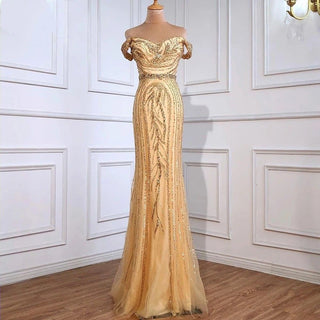 Gold Nude Mermaid Evening Dress - Sexy Off-Shoulder, Sparkly Diamond Embellishments, for 2024 Evening Events