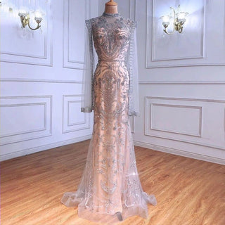 Luxury Grey Nude Mermaid Evening Gown 2024: With Cape, Beaded Elegant for Woman Party