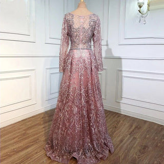 Pink Muslim Luxury O-Neck Evening Gowns 2024 Dubai Long Sleeves Beading Elegant Formal Dress Design