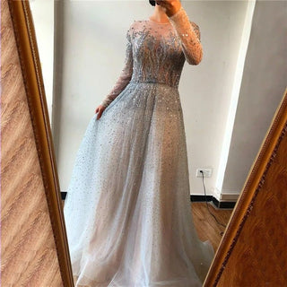 Luxury Silver Beaded Dubai Evening Dress with Cape Sleeves: Arabic Long Formal Party Dress for Women's Wedding