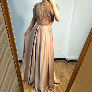 Golden Glamour: A-Line High Neck Sparkle Evening Dress with Tassel Beading