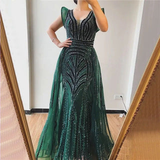 Dubai Decadence: Deep-V Crystal Gown with Heavy Beading – 2024 Sexy Luxury Plus Size Evening Wear