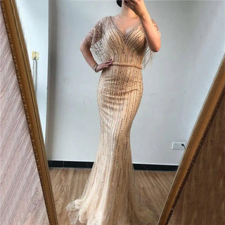 Champagne Dubai Luxury Half Sleeves Mermaid Evening Dress 2024 with Beading and Crystal Detailing