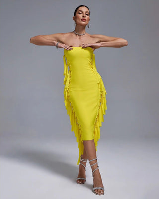 Fashionable Yellow Bandage Evening Dress - Sleeveless Backless Slim Elegant Maxi Dress for Women