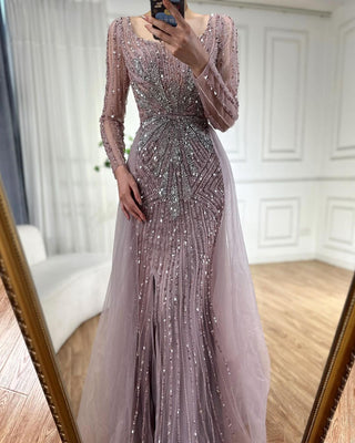 Elegant Blush: 2024 Pink Mermaid Evening Gown with Overskirt Split - Luxury Beaded Dress for Women's Wedding Party