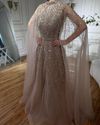 Ships in 1 to 3 Days - High-Neck Beaded Evening Gown with Sheer Cape Overlay - Luxury Floor-Length Formal Dress