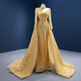 Golden Elegance: High Neck Long Sleeve Dress with Detachable Tail