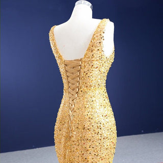 Golden Glamour: Luxurious Champagne Mermaid Dress with Sexy Deep V-Neck