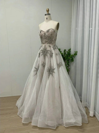 Ivory Crystal Rhinestone A-Line Birthday Party Gown - Luxury Strapless Open Back Arabic Tulle Evening Prom Dress