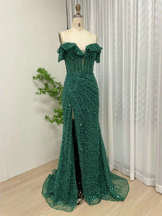 Exclusive Green Off-Shoulder Shiny Sequin Prom Dress - Sexy High Split Mermaid Evening Gown for Women’s Wedding Party 2024