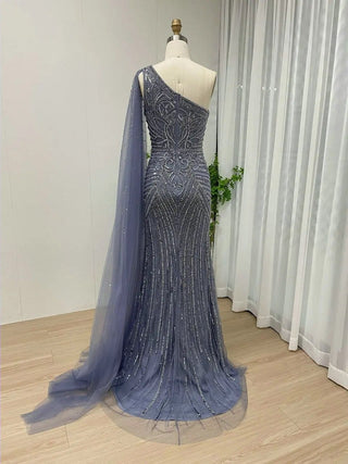 Ships in 1 to 3 Days - Sparkly Beaded Blue Mermaid Evening Gown with High Split and One Shoulder Cape Sleeve - Luxury Arabic Wedding Party Dress