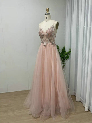 2024 Pink Beaded Lace A-Line Prom Dress with Spaghetti Straps - Stunning Tulle Birthday Gown for Women’s Parties