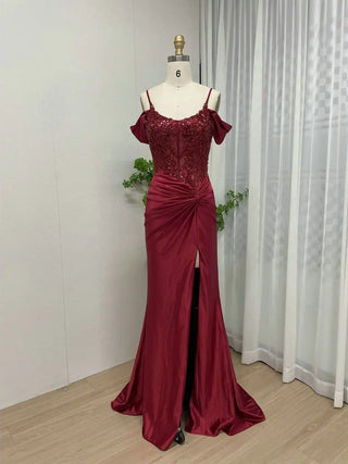 Ships in 1 to 3 Days - Wine Spaghetti Straps Sheath Bridesmaid Dress - Classic Off-Shoulder High Slit Beaded Evening Gown