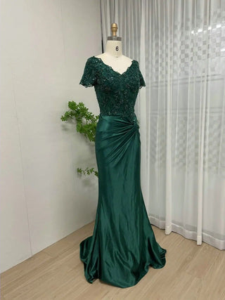 Ships in 1 to 3 Days - Luxury Beaded Lace Emerald Satin Prom Party Gown - 2024 New Arrival Modest V-Neck Short Sleeve Mother of the Bride Dress